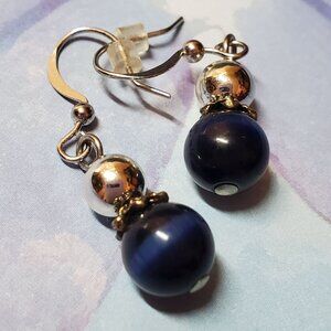 Elegant Dangle Earrings With Dark Blue Beads & Silver Accents